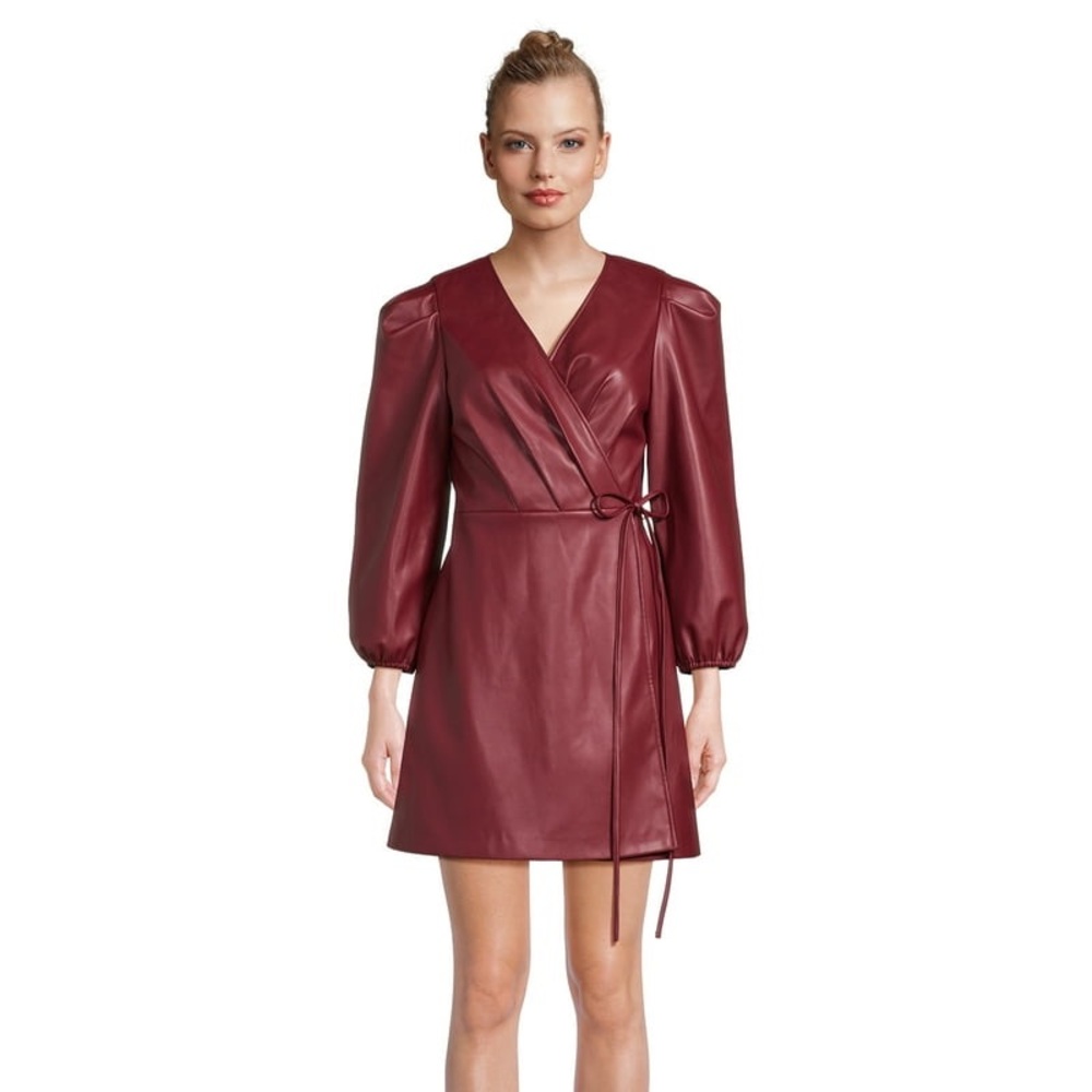New BCBG Paris Mini Wrap Dress Bordeaux Faux Leather - Picture 10 of 11